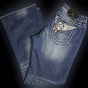 Miss Me Blue Flare Jeans with Silver Embroidery